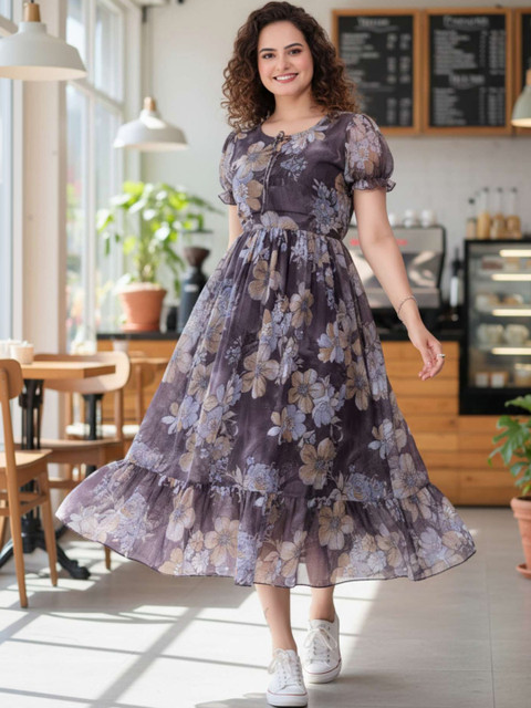 QENA Floral Print Puff Sleeve Georgette Fit & Flare Midi Dress