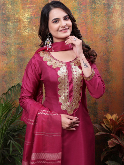 Klotden Women Ethnic Motifs Embroidered Thread Work Kurta with Trousers & With Dupatta