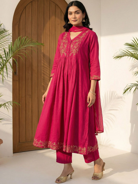 MEHARIKA Women Ethnic Motifs Embroidered Empire Thread Work Chanderi Silk Kurta with Trousers & With Dupatta