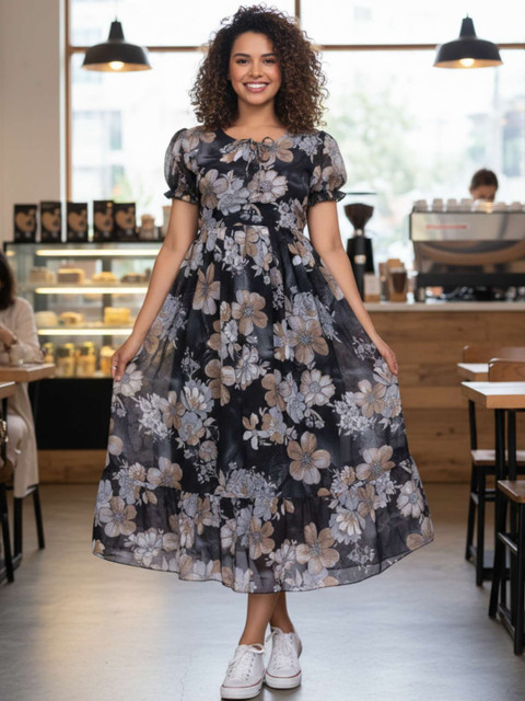 QENA Floral Print Puff Sleeve Georgette A-Line Midi Dress