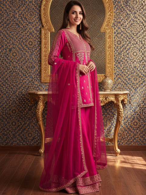 J.KANJI Women Ethnic Motifs Embroidered Regular Sequinned Chanderi Silk Kurta with Palazzos & With Dupatta