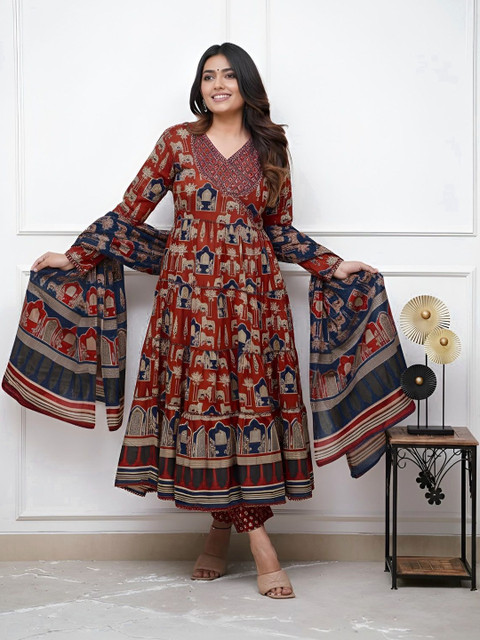 SZN Women Ethnic Motifs Printed Tiered Thread Work Kurta with Trousers & With Dupatta
