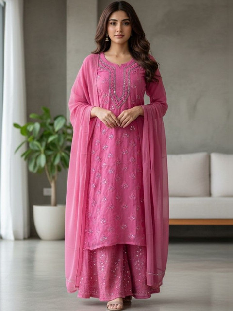 FashionChikan Art Women Ethnic Motifs Embroidered Regular Sequinned Kurta with Palazzos & With Dupatta