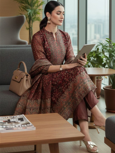 Varanga Women Ethnic Motifs Printed Regular Chanderi Silk Kurta with Trousers & With Dupatta