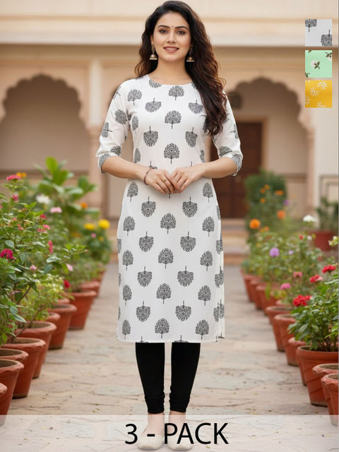 JANKHANA Pack Of 3 Floral Straight Kurtas