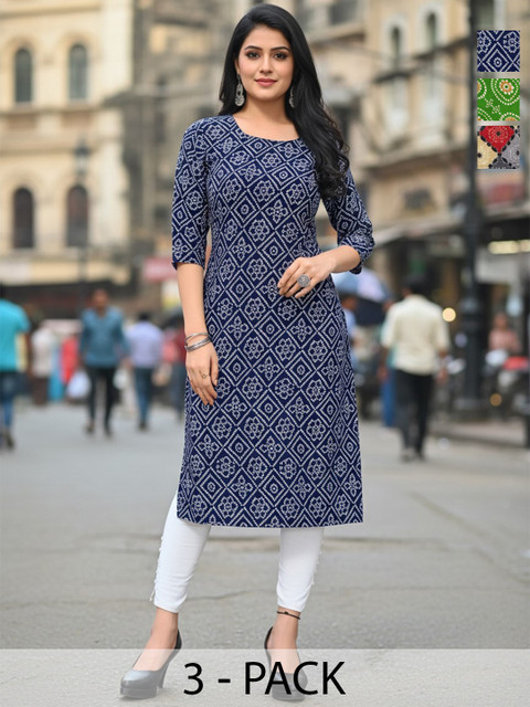 JANKHANA Pack Of 3 Checked Straight Kurtas