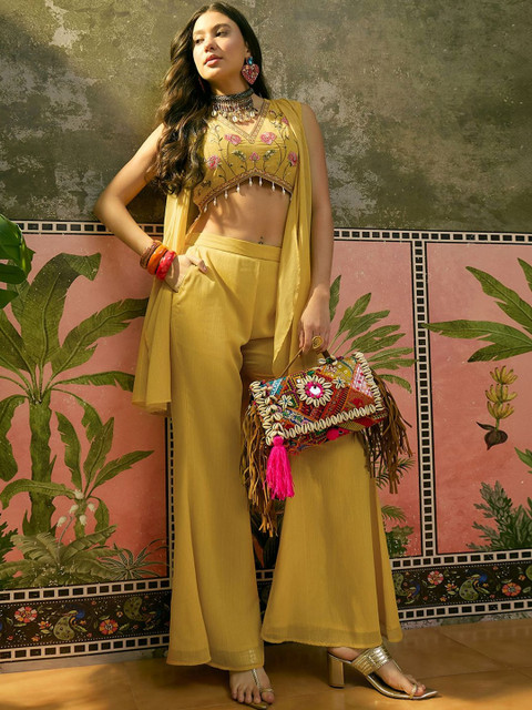 Sangria Embroidered V-Neck Top Shrug & Palazzos Co-Ords