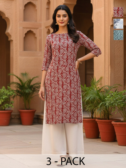 JANKHANA Pack Of 3 Geometric Straight Kurtas