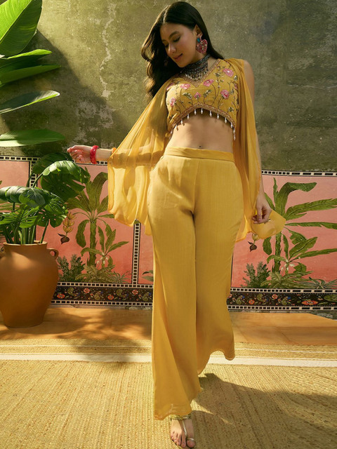 Sangria Embroidered V-Neck Top Shrug & Palazzos Co-Ords - Image 7