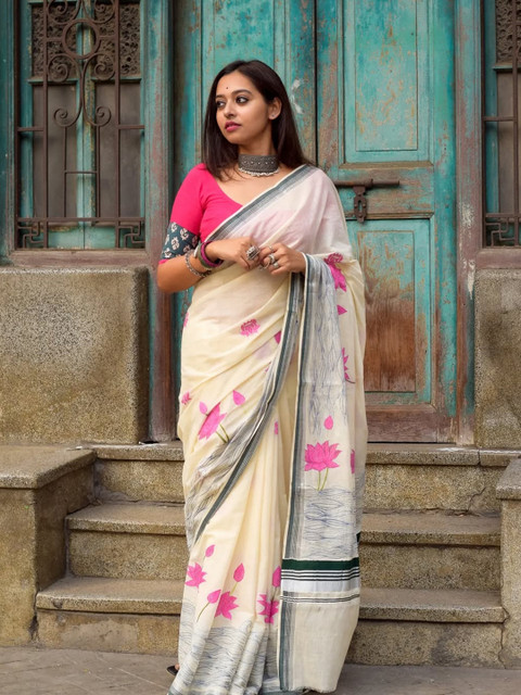 STAVA CREATION Floral Pure Linen Saree
