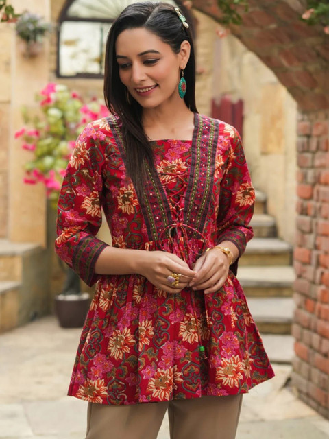 HERE&NOW Floral Printed Boat Neck Sequinned Pure Cotton Blend Sequinned Pleated Kurti