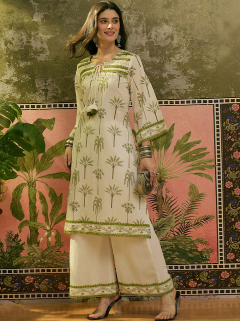 Sangria Printed Pure Cotton Tie-Up Neck Kurta & Palazzos Kurta Sets - Image 5