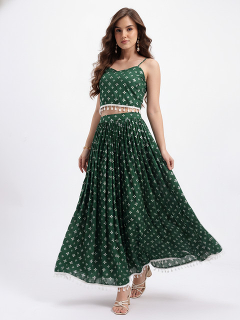 Green Floral Printed Co-Ords Set with Shoulder Straps