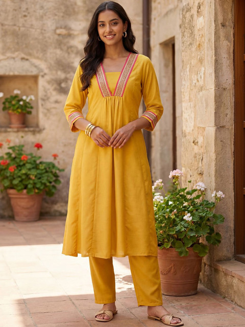 Indo Era Embroidered V-Neck Tunic With Trousers Co-Ords