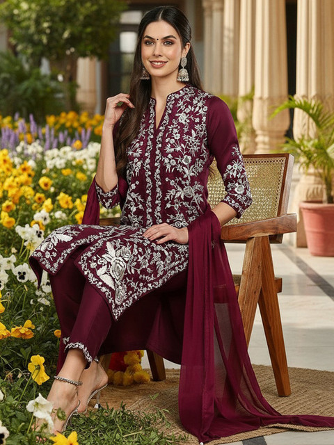 KALINI Floral Embroidered Thread Work Straight Kurta with Trousers & Dupatta