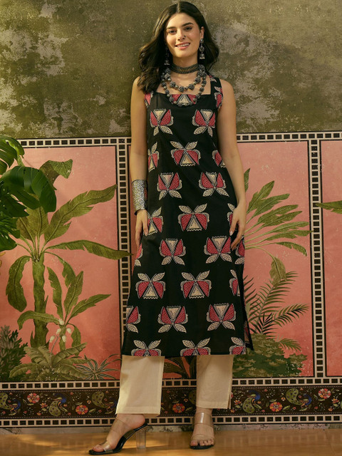 Sangria Printed Cotton Square Neck Straight Kurta