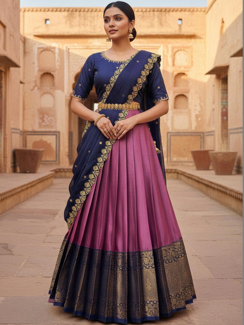 Pink Bindi Embellished Semi-Stitched Lehenga & Blouse With Dupatta