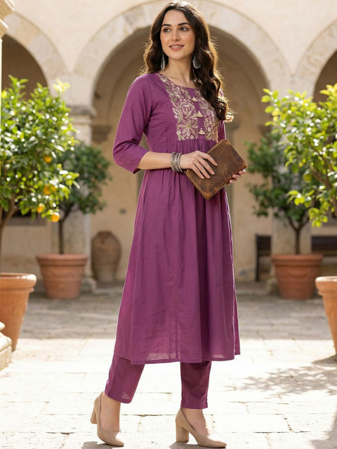 Indo Era Embroidered Round Neck Tunic & Trousers Co-Ords