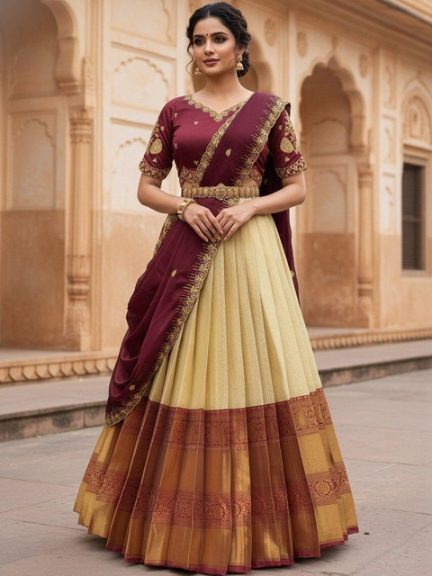 Pink Bindi Embroidered Sequinned Unstitched Lehenga & Semi-Stitched Blouse With Dupatta