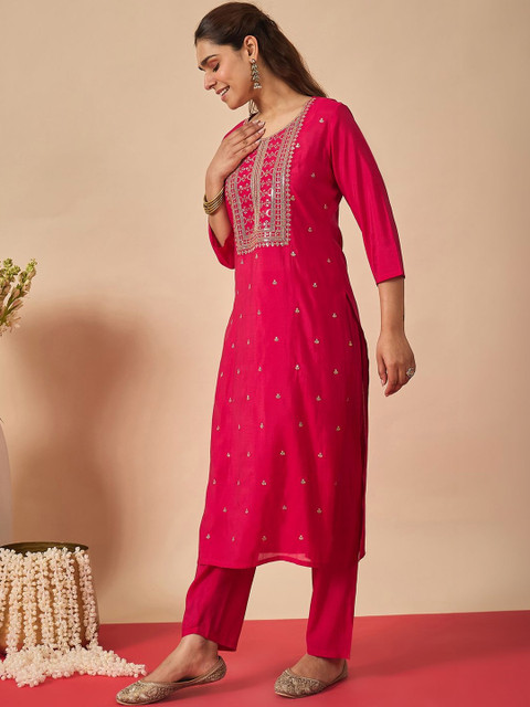 Indo Era Embroidered Round Neck Top With Trousers Co-Ords