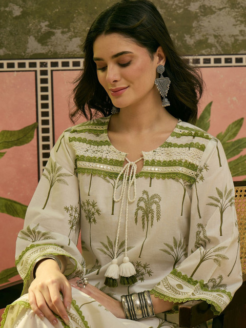 Sangria Printed Pure Cotton Tie-Up Neck Kurta & Palazzos Kurta Sets - Image 2