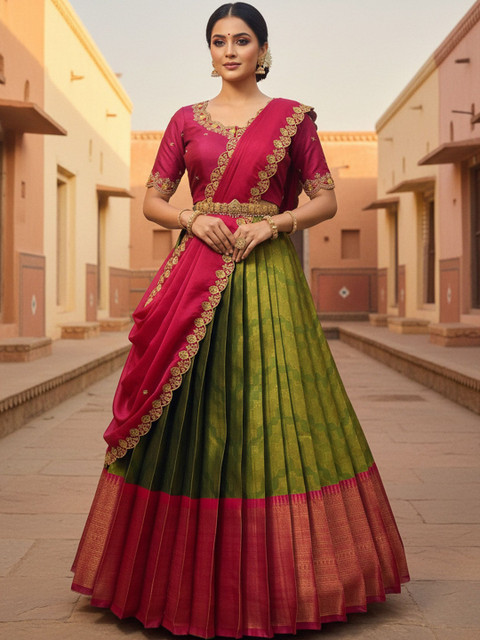 Pink Bindi Embroidered Thread Work Semi-Stitched Lehenga & Blouse With Dupatta