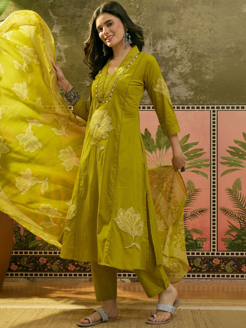 Sangria Embroidered Pure Cotton V-Neck Kurta Trousers & Dupatta