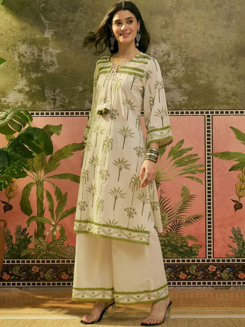 Sangria Printed Pure Cotton Tie-Up Neck Kurta & Palazzos Kurta Sets - Image 3