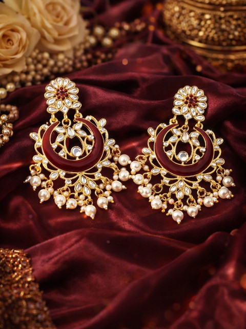 I Jewels Gold-Plated Maroon Contemporary Chandbalis Earrings
