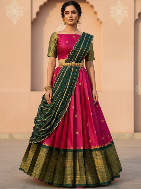 Pink Bindi Embellished Semi-Stitched Lehenga & Blouse With Dupatta