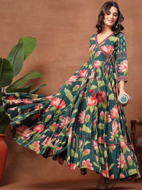 Sangria Printed Cotton V-Neck Anarkali Kurtas