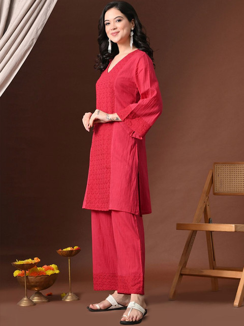 Sangria Embroidered Round Neck Tunic & Trousers Co-Ords Set - Image 2