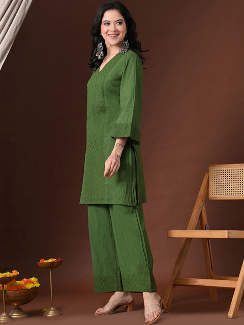 Sangria Embroidered V Neck Tunic & Trousers Co-Ords Set - Image 2