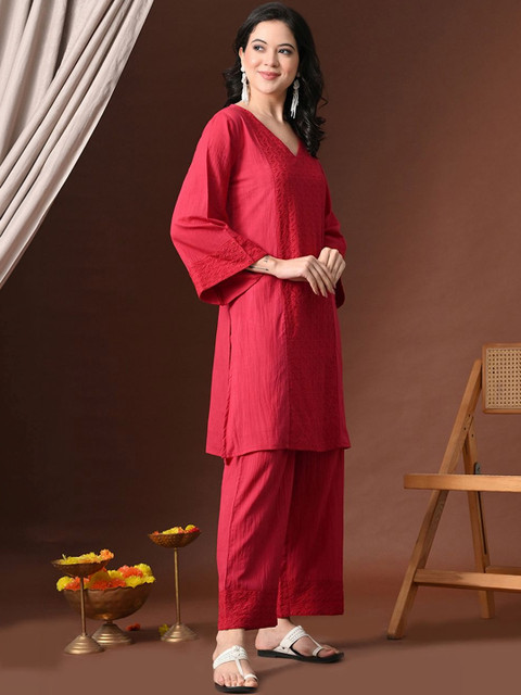 Sangria Embroidered Round Neck Tunic & Trousers Co-Ords Set - Image 3