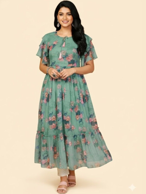 HERE&NOW Floral Print Flutter Sleeve Ruffled Georgette Fit & Flare Midi Dress