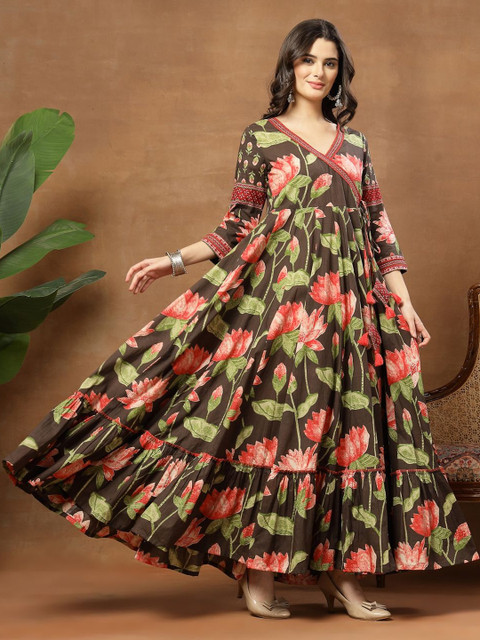 Sangria Printed Cotton V-Neck Anarkali Kurtas