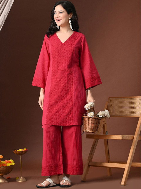 Sangria Embroidered Round Neck Tunic & Trousers Co-Ords Set - Image 4