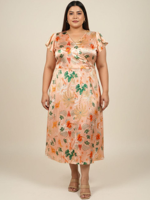 plusS Tropical Print Flutter Sleeve Midi Dress