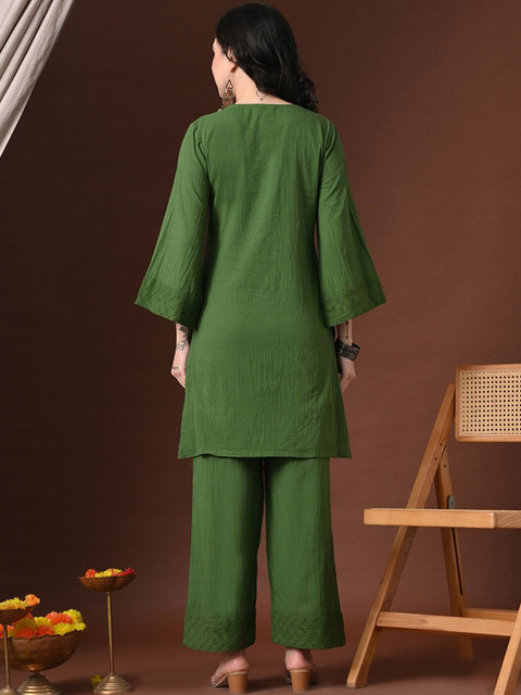 Sangria Embroidered V Neck Tunic & Trousers Co-Ords Set - Image 3