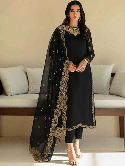 TRYAMBAKAM Women Ethnic Motifs Embroidered Regular Thread Work Kurta with Trousers & With Dupatta