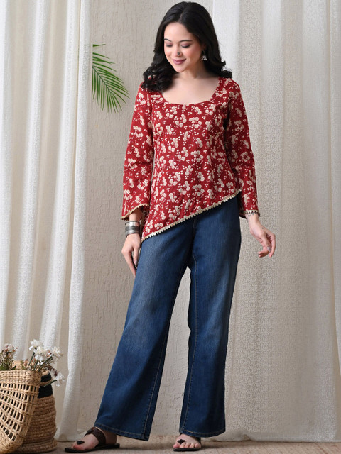 Anouk Rustic Floral Printed Square Neck Pure Cotton Kurti