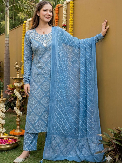 Anouk Women Printed Regular Thread Work Pure Cotton Kurta with Trousers & With Dupatta