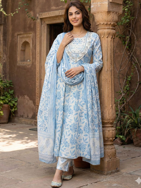 Anouk Women Floral Printed Panelled Thread Work Pure Cotton Kurta with Trousers & With Dupatta