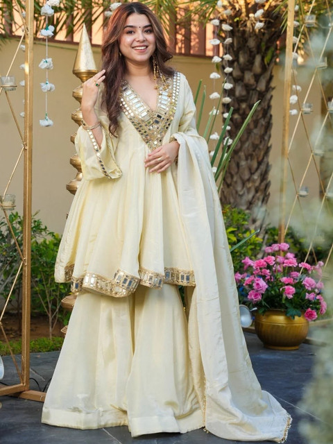 TWINS LADY Women Tiered Mirror Work Kurta with Sharara & With Dupatta