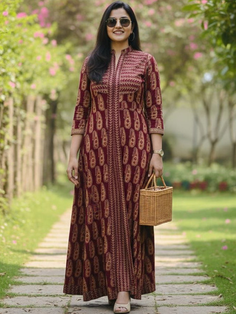 DSS FASHION Maroon Ethnic Motif Anarkali Dress