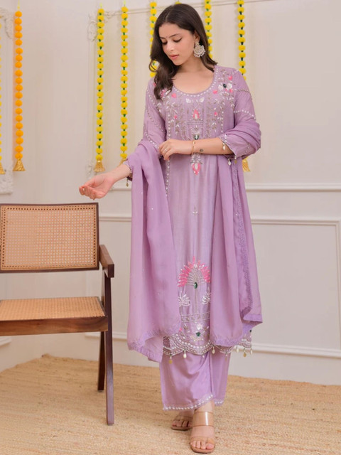 Laxmichhaya Women Purple Floral Embroidered Motif Straight Kurta with Palazzos and Dupatta - Image 7