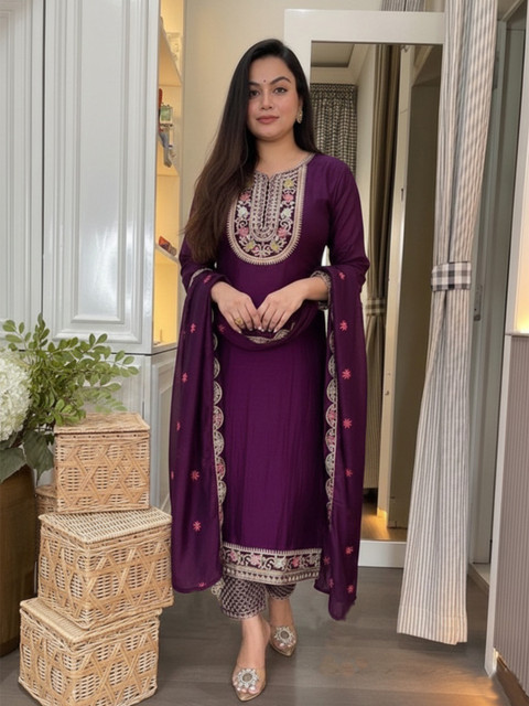 Keitra Women Ethnic Motifs Embroidered Thread Work Pure Silk Kurta with Trousers & Dupatta