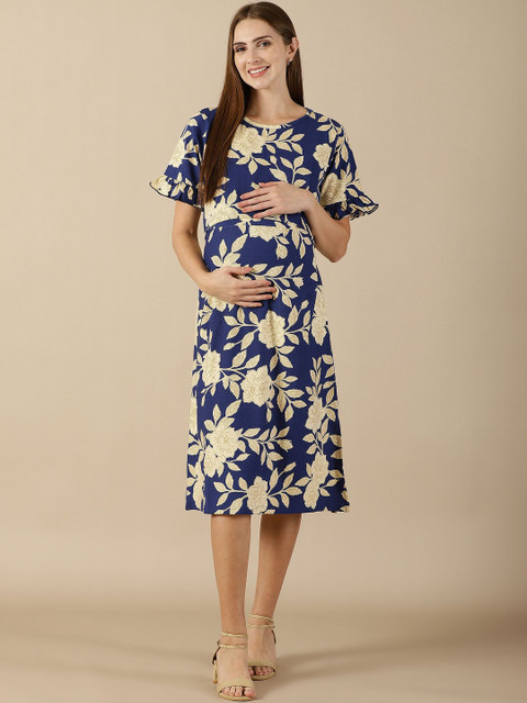 PURPLE FLAUNT Floral Print Flutter Sleeve Ruffled Maternity A-Line Midi Dress
