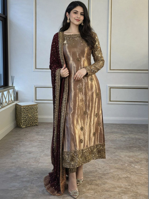 KRYSAL Women Ethnic Motifs Embroidered Regular Thread Work Chanderi Silk Kurta with Trousers & With Dupatta