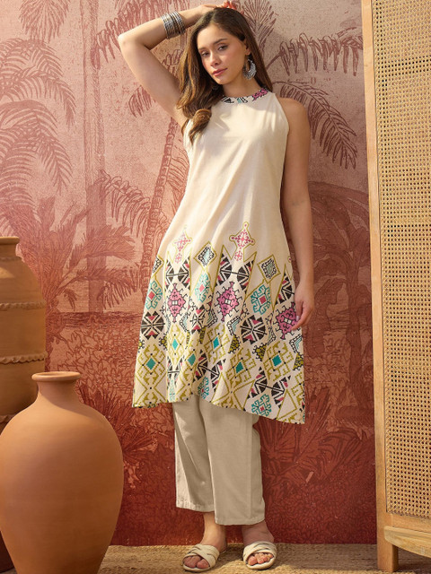 Sangria Women Cream Cotton Printed Halter Neck Kurta - Image 4